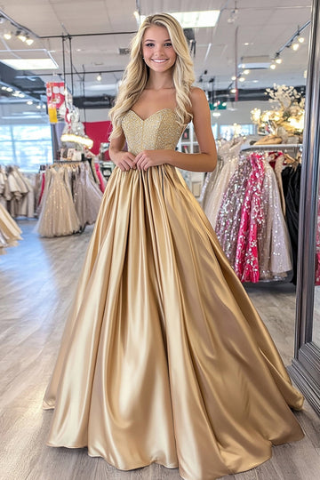 Błyszcząca złota sukienka na studniówkę A Line Sweetheart z zakładkami